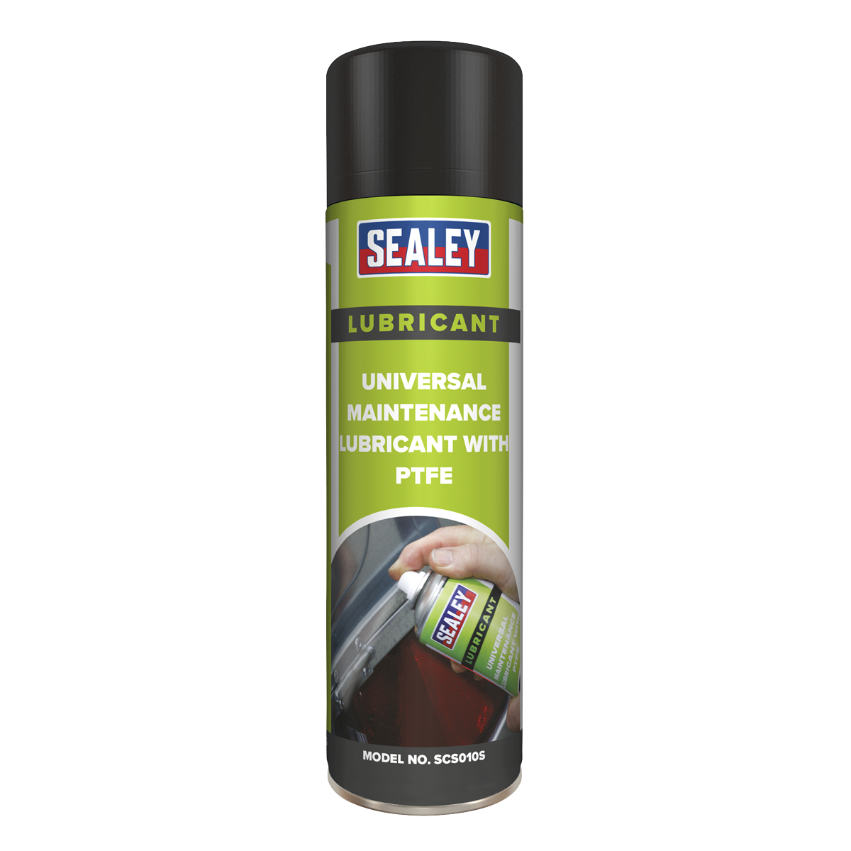 A can of Sealey Universal Maintenance Lubricant with PTFE 500ml, model no. SCS010S, featuring a green and black label; it also serves as an excellent protective rust inhibitor.