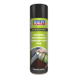 A can of Sealey Universal Maintenance Lubricant with PTFE 500ml, model no. SCS010S, featuring a green and black label; it also serves as an excellent protective rust inhibitor.