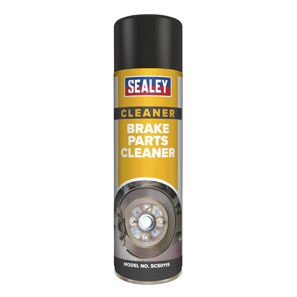 A can of Sealey Brake Parts Cleaner 500ml (Pack of 6), model no. SCS011, features a black cap and a yellow label with an image of a brake disc. Its environmentally friendly formula ensures optimal brake efficiency while effectively acting as a grease remover.