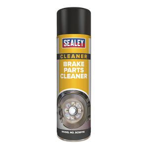 A can of Sealey Brake Parts Cleaner 500ml (Pack of 6), model no. SCS011, features a black cap and a yellow label with an image of a brake disc. Its environmentally friendly formula ensures optimal brake efficiency while effectively acting as a grease remover.