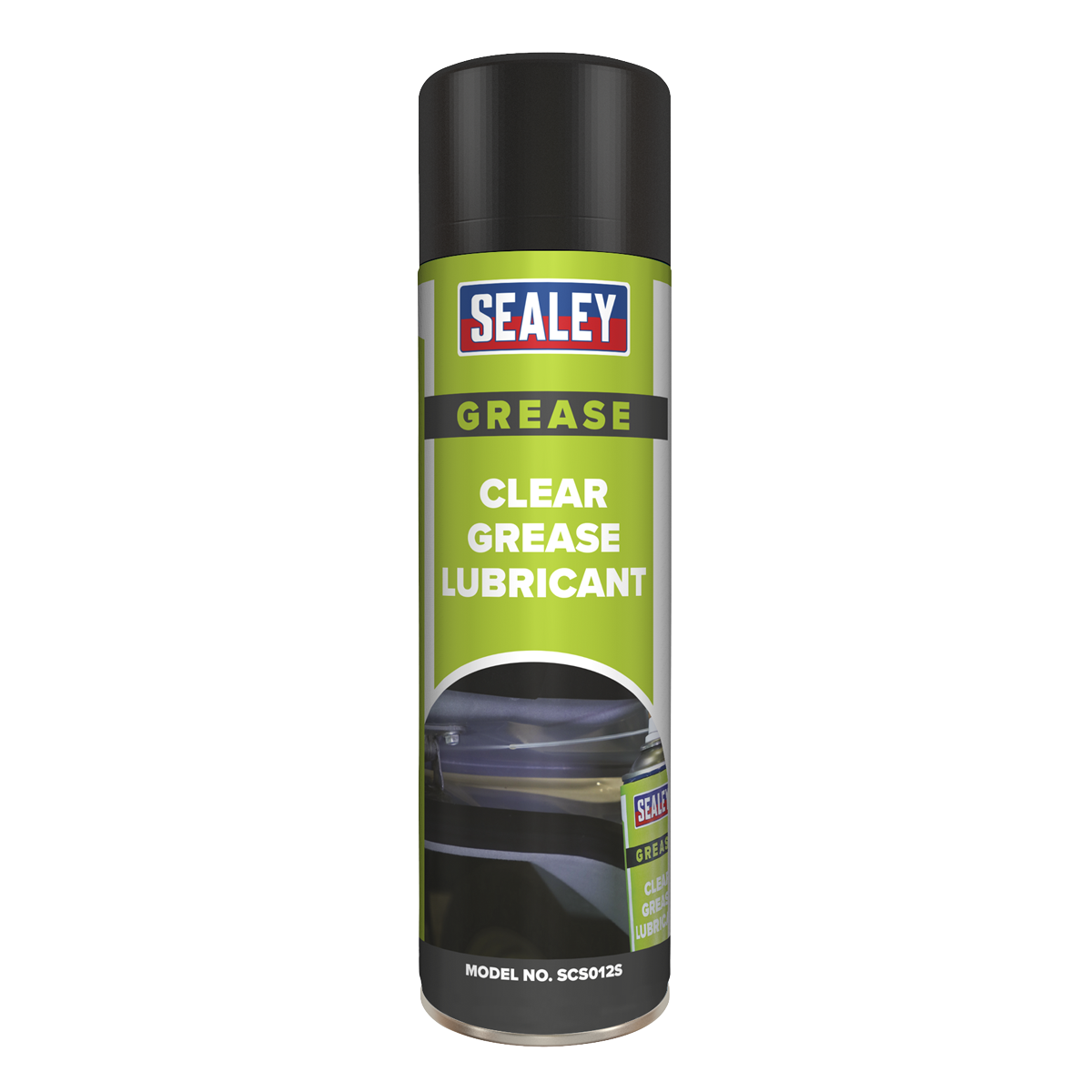 Image of a Sealey brand aerosol spray can labeled "Clear Grease Lubricant 500ml - SCS012S." The can, featuring a black cap and green label, lubricates moving parts while creating a protective barrier.