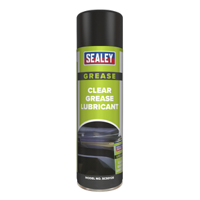 Image of a Sealey brand aerosol spray can labeled "Clear Grease Lubricant 500ml - SCS012S." The can, featuring a black cap and green label, lubricates moving parts while creating a protective barrier.