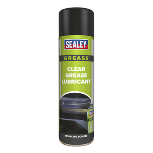 Image of a Sealey brand aerosol spray can labeled "Clear Grease Lubricant 500ml - SCS012S." The can, featuring a black cap and green label, lubricates moving parts while creating a protective barrier.