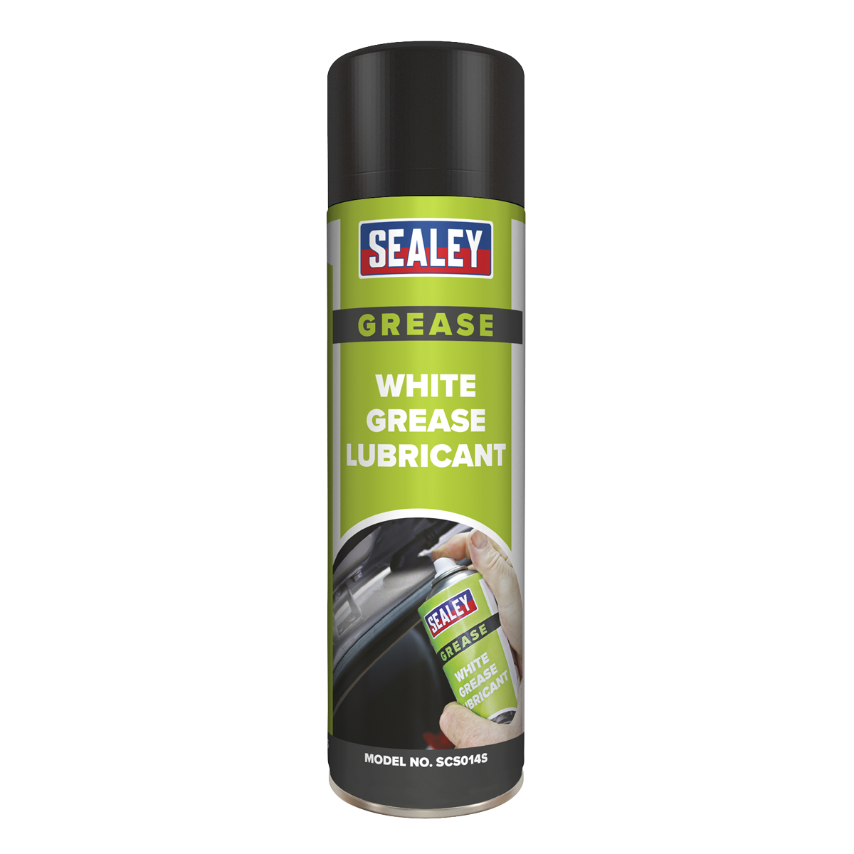 A can of Sealey White Grease Lubricant 500ml, model number SCS014S, with green labeling and a black cap. Featuring PTFE for enhanced performance, this anti-corrosive product is depicted being applied to a surface.