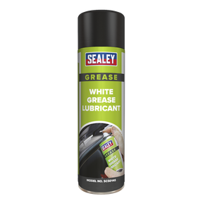 A can of Sealey White Grease Lubricant 500ml, model number SCS014S, with green labeling and a black cap. Featuring PTFE for enhanced performance, this anti-corrosive product is depicted being applied to a surface.