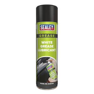 A can of Sealey White Grease Lubricant 500ml, model number SCS014S, with green labeling and a black cap. Featuring PTFE for enhanced performance, this anti-corrosive product is depicted being applied to a surface.