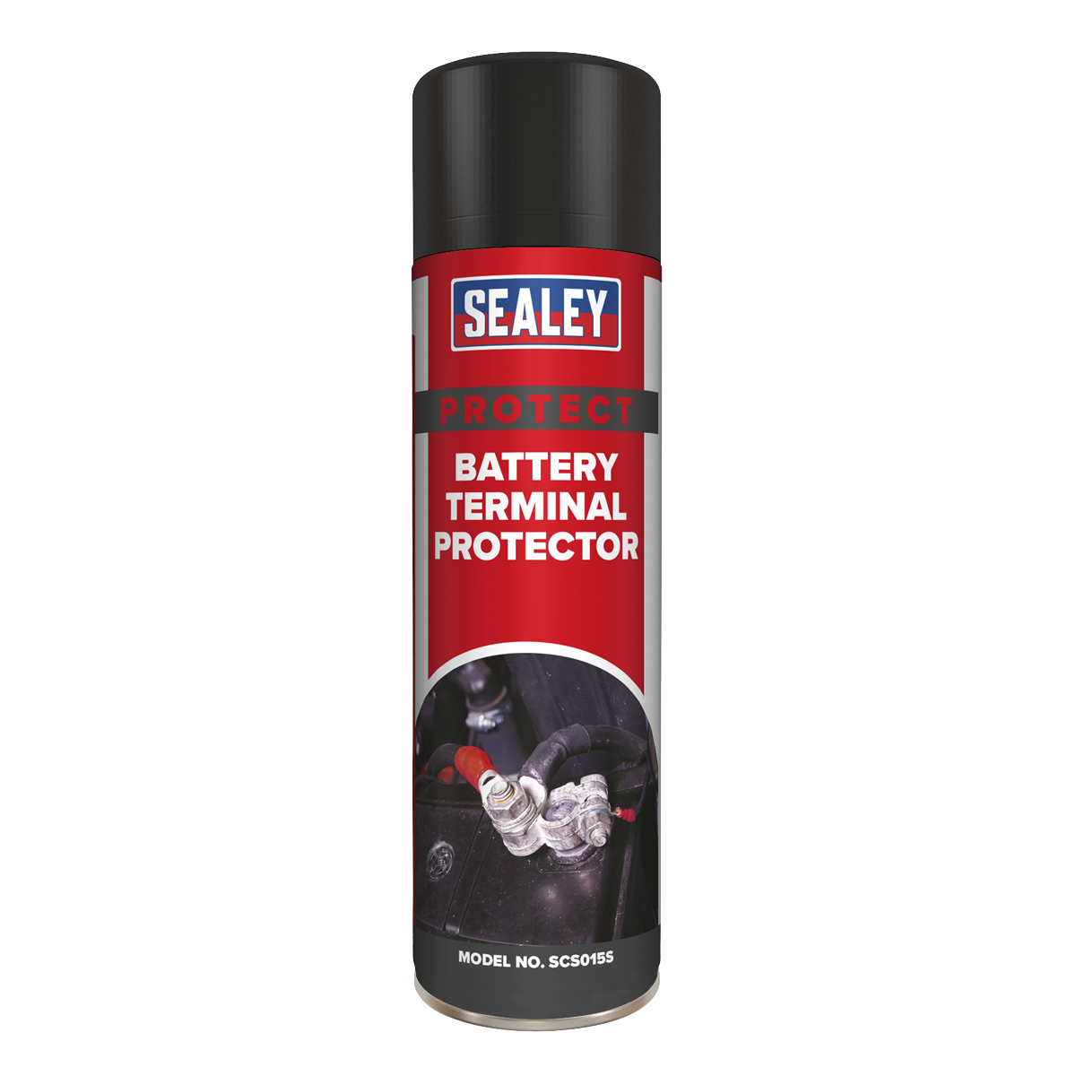 A can of Sealey Battery Terminal Protector 500ml - SCS015S, colored red and black, is displayed against a white background. The label features an image of battery terminals and highlights its anti-corrosive properties.