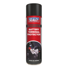 A can of Sealey Battery Terminal Protector 500ml - SCS015S, colored red and black, is displayed against a white background. The label features an image of battery terminals and highlights its anti-corrosive properties.