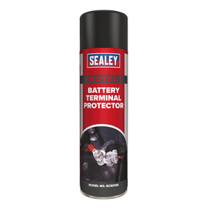 A can of Sealey Battery Terminal Protector 500ml - SCS015S, colored red and black, is displayed against a white background. The label features an image of battery terminals and highlights its anti-corrosive properties.