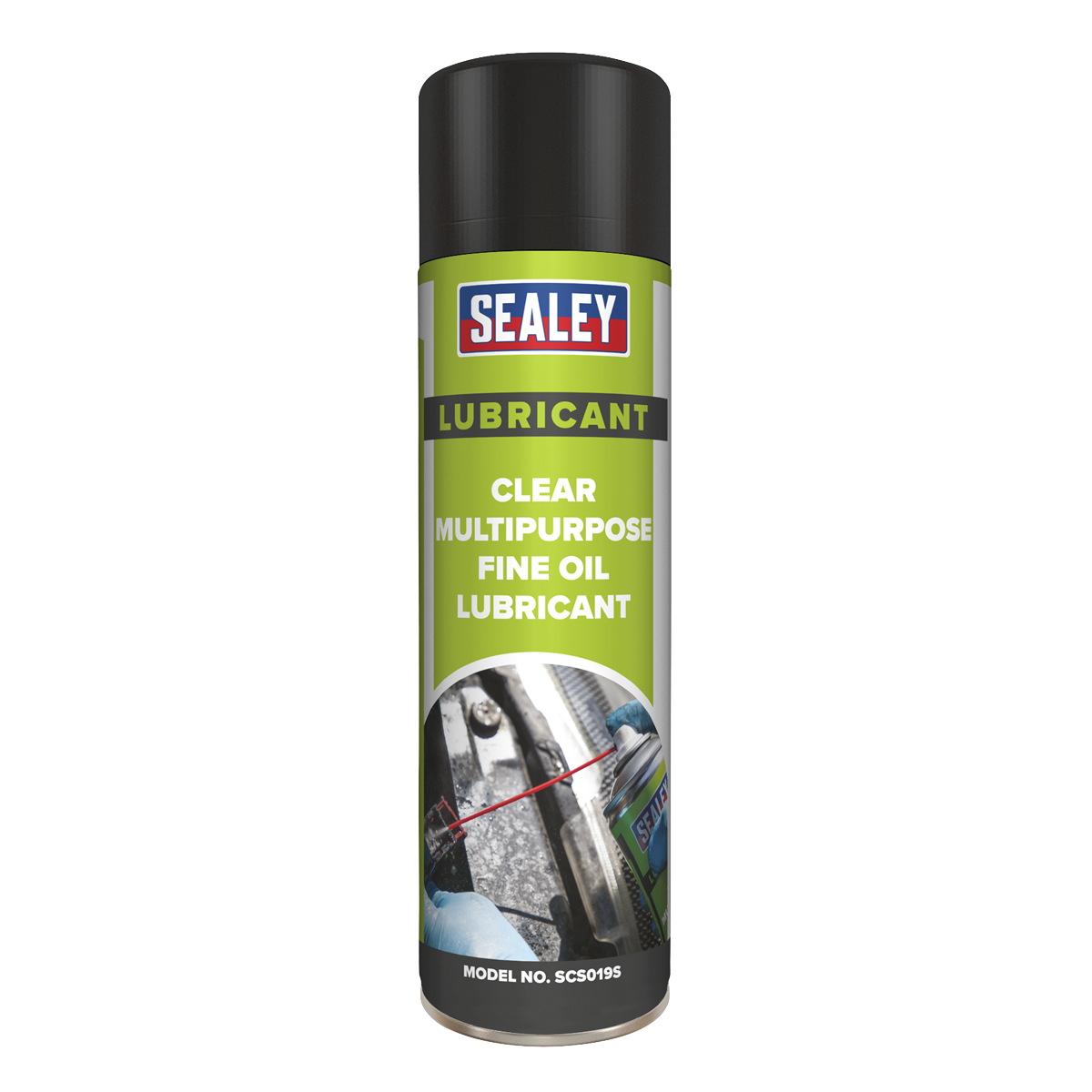 A can of Sealey Clear Fine Oil Lubricant Multipurpose 500ml - SCS019S with a black cap and green label, perfect as a general-purpose lubricant. This anti-corrosive model is ideal for various applications.