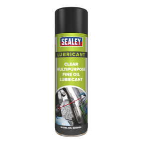 A can of Sealey Clear Fine Oil Lubricant Multipurpose 500ml - SCS019S with a black cap and green label, perfect as a general-purpose lubricant. This anti-corrosive model is ideal for various applications.