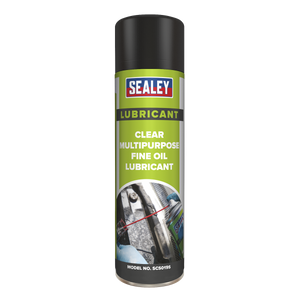 A can of Sealey Clear Fine Oil Lubricant Multipurpose 500ml - SCS019S with a black cap and green label, perfect as a general-purpose lubricant. This anti-corrosive model is ideal for various applications.