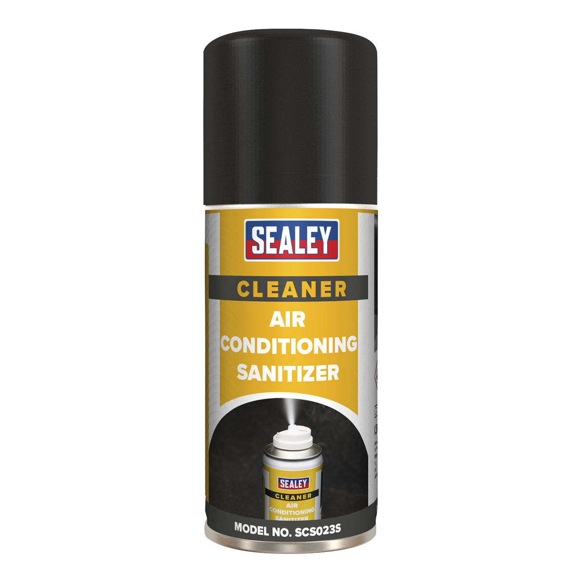 A Sealey Air Conditioning Refresher 150ml (model number SCS023S) comes with a black lid. The label is yellow, white, and black, featuring the product name and model number. It offers an apple fresh fragrance that effectively eliminates odors.