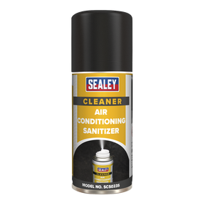 A Sealey Air Conditioning Refresher 150ml (model number SCS023S) comes with a black lid. The label is yellow, white, and black, featuring the product name and model number. It offers an apple fresh fragrance that effectively eliminates odors.