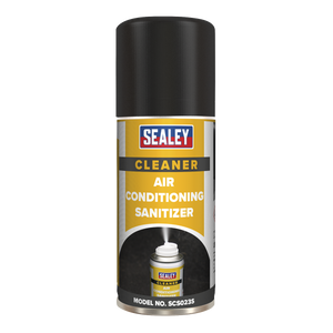 A Sealey Air Conditioning Refresher 150ml (model number SCS023S) comes with a black lid. The label is yellow, white, and black, featuring the product name and model number. It offers an apple fresh fragrance that effectively eliminates odors.