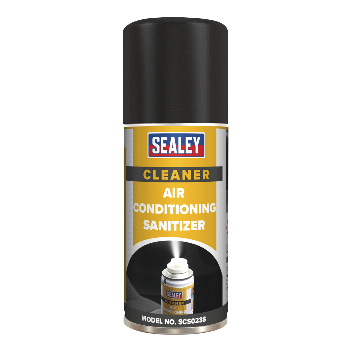 The Sealey air conditioning refresher canister, featuring a black cap and yellow label, is specifically named "Air Conditioning Refresher 150ml Pack of 6 - SCS023". This product efficiently eliminates odours and leaves behind an apple fresh fragrance.