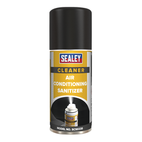 The Sealey air conditioning refresher canister, featuring a black cap and yellow label, is specifically named "Air Conditioning Refresher 150ml Pack of 6 - SCS023". This product efficiently eliminates odours and leaves behind an apple fresh fragrance.