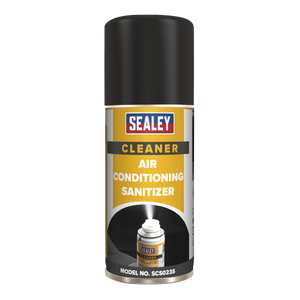 The Sealey air conditioning refresher canister, featuring a black cap and yellow label, is specifically named "Air Conditioning Refresher 150ml Pack of 6 - SCS023". This product efficiently eliminates odours and leaves behind an apple fresh fragrance.