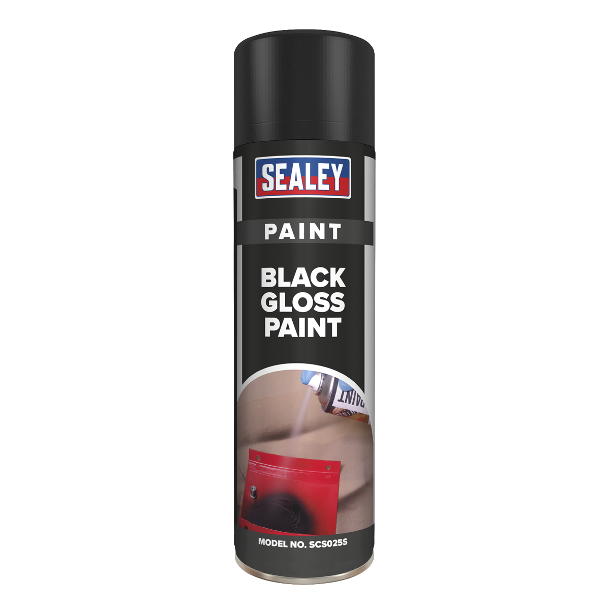 A 500ml spray can of Sealey Black Gloss Paint with the model number SCS025S. The can features a black cap and label with a product image, offering a fast-drying formula for a durable finish.