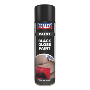 A 500ml spray can of Sealey Black Gloss Paint with the model number SCS025S. The can features a black cap and label with a product image, offering a fast-drying formula for a durable finish.