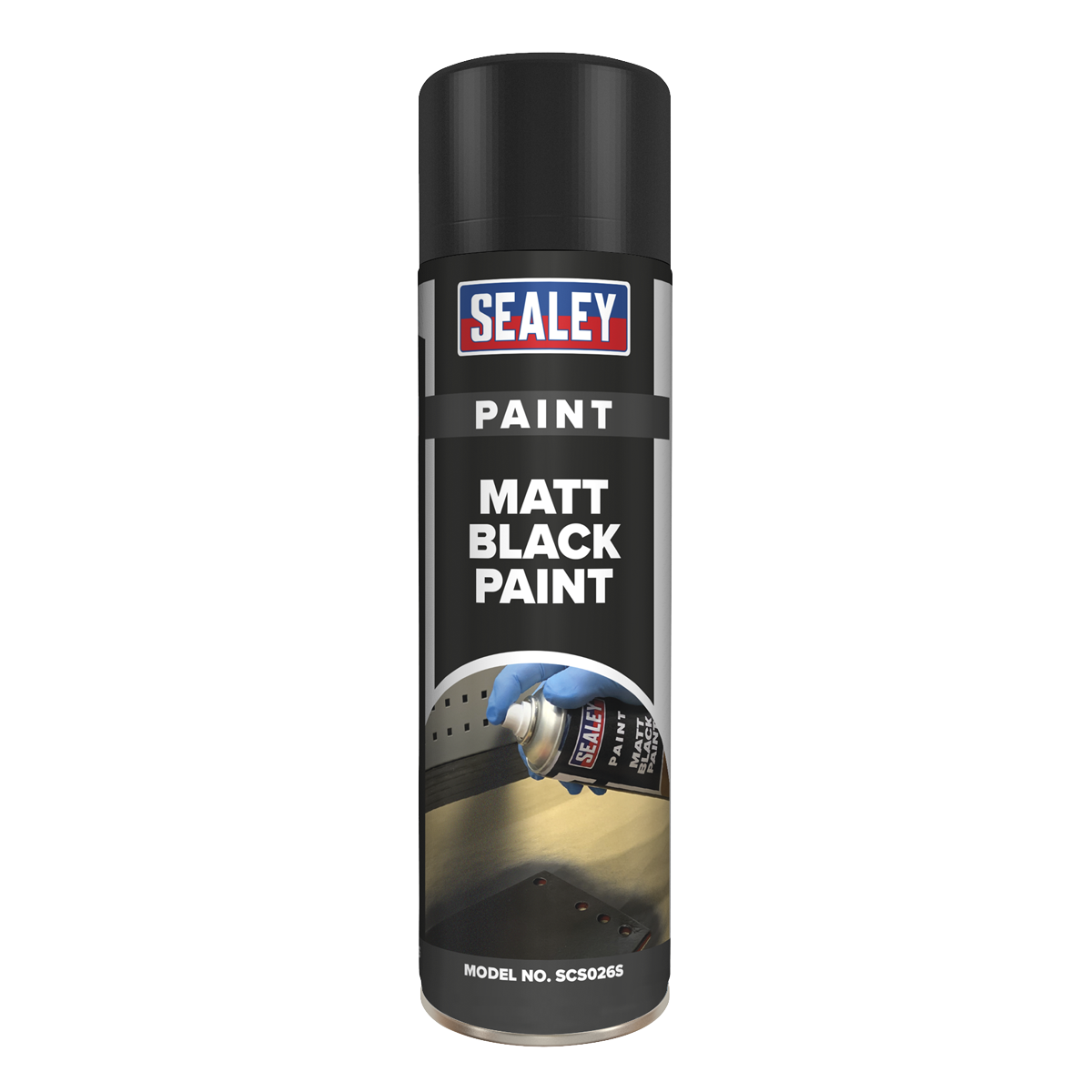 A spray can of Sealey Black Matt Paint 500ml with a black cap and black label detailing the product name and model number SCS026S, offering a durable finish.