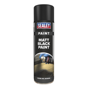 A spray can of Sealey Black Matt Paint 500ml with a black cap and black label detailing the product name and model number SCS026S, offering a durable finish.