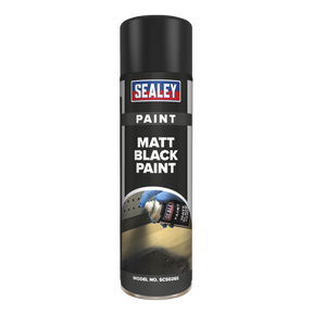 Image of a can of Sealey Black Matt Paint 500ml with a black lid, featuring a label showing a hand spraying paint. This acrylic-based paint provides a durable finish, and Model No. SCS026 is displayed at the bottom of the can.