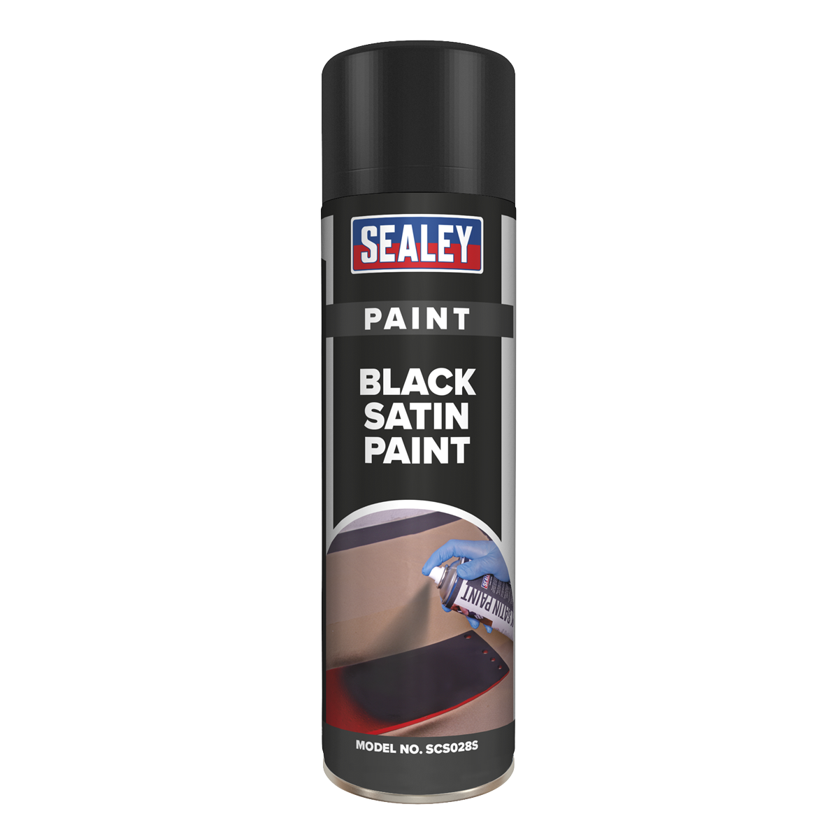 The Sealey Black Satin Paint 500ml - SCS028S comes in a can with a black spray cap and a label detailing application instructions, providing extensive coverage for all your projects.