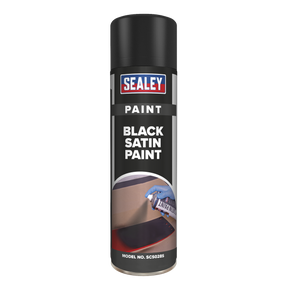 The Sealey Black Satin Paint 500ml - SCS028S comes in a can with a black spray cap and a label detailing application instructions, providing extensive coverage for all your projects.