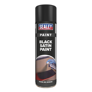 The Sealey Black Satin Paint 500ml - SCS028S comes in a can with a black spray cap and a label detailing application instructions, providing extensive coverage for all your projects.