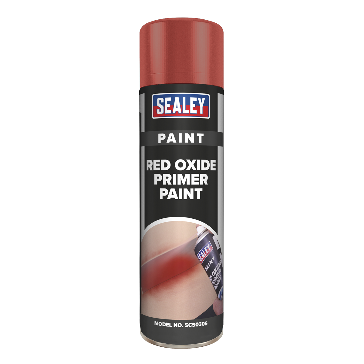 A can of Sealey Red Oxide Primer Paint 500ml - SCS030S, known for its anti-rust properties, features the product name, an image of a spray paint application, and the model number SC3035.