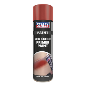A can of Sealey Red Oxide Primer Paint 500ml - SCS030S, known for its anti-rust properties, features the product name, an image of a spray paint application, and the model number SC3035.