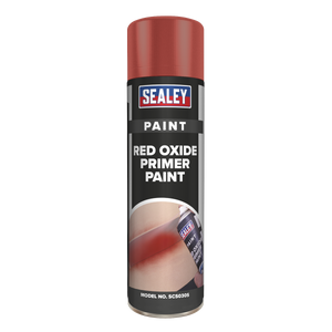 A can of Sealey Red Oxide Primer Paint 500ml - SCS030S, known for its anti-rust properties, features the product name, an image of a spray paint application, and the model number SC3035.