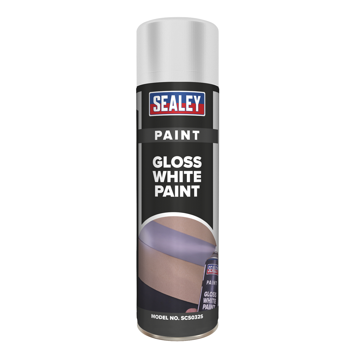 A 500ml can of Sealey's White Gloss Paint, model number SCS032S, provides LARGE COVERAGE and a DURABLE FINISH.