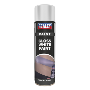 A 500ml can of Sealey's White Gloss Paint, model number SCS032S, provides LARGE COVERAGE and a DURABLE FINISH.