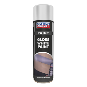 A 500ml can of Sealey's White Gloss Paint, model number SCS032S, provides LARGE COVERAGE and a DURABLE FINISH.