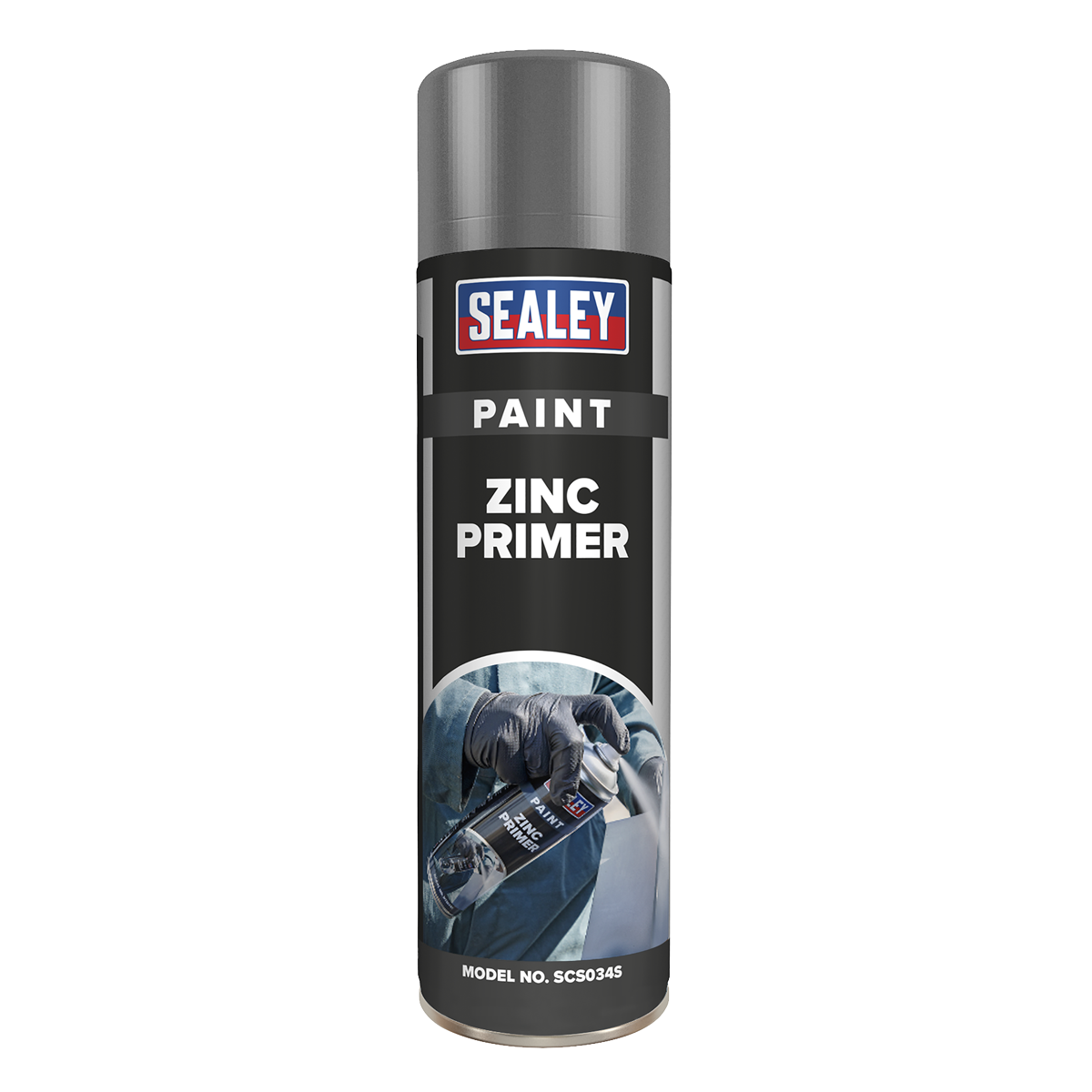 A cylindrical spray can labeled "Sealey Grey Zinc Primer Paint 500ml - SCS034S" with an image of gloved hands using the fast-drying, anti-rust spray on its front.