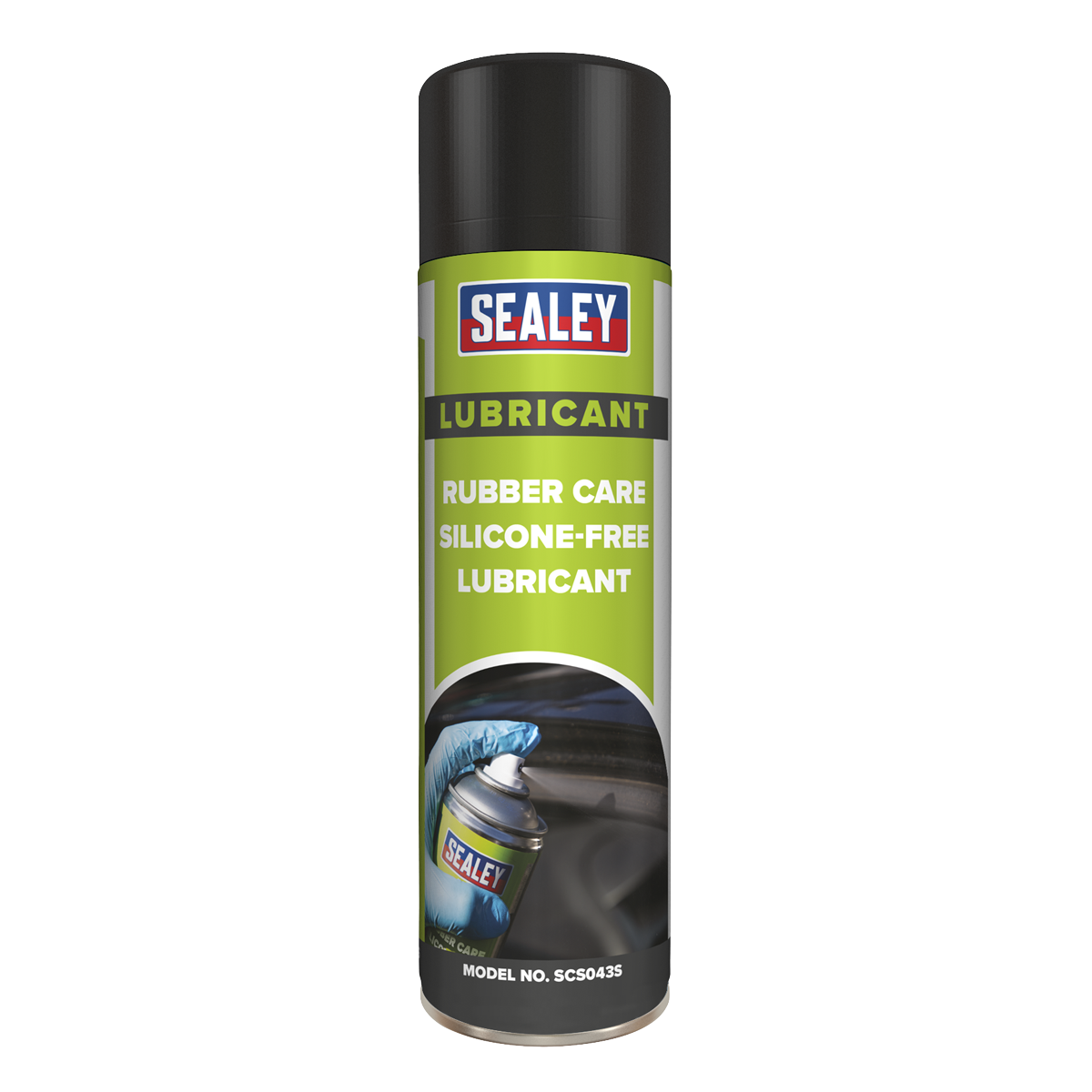 A can of Sealey lubricant labeled "Rubber Care Silicone-Free Lubricant 500ml - SCS043S," featuring an image of a gloved hand spraying the product on rubber seals to inhibit ageing.