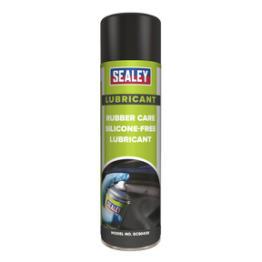 A can of Sealey lubricant labeled "Rubber Care Silicone-Free Lubricant 500ml - SCS043S," featuring an image of a gloved hand spraying the product on rubber seals to inhibit ageing.