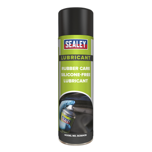 A can of Sealey lubricant labeled "Rubber Care Silicone-Free Lubricant 500ml - SCS043S," featuring an image of a gloved hand spraying the product on rubber seals to inhibit ageing.