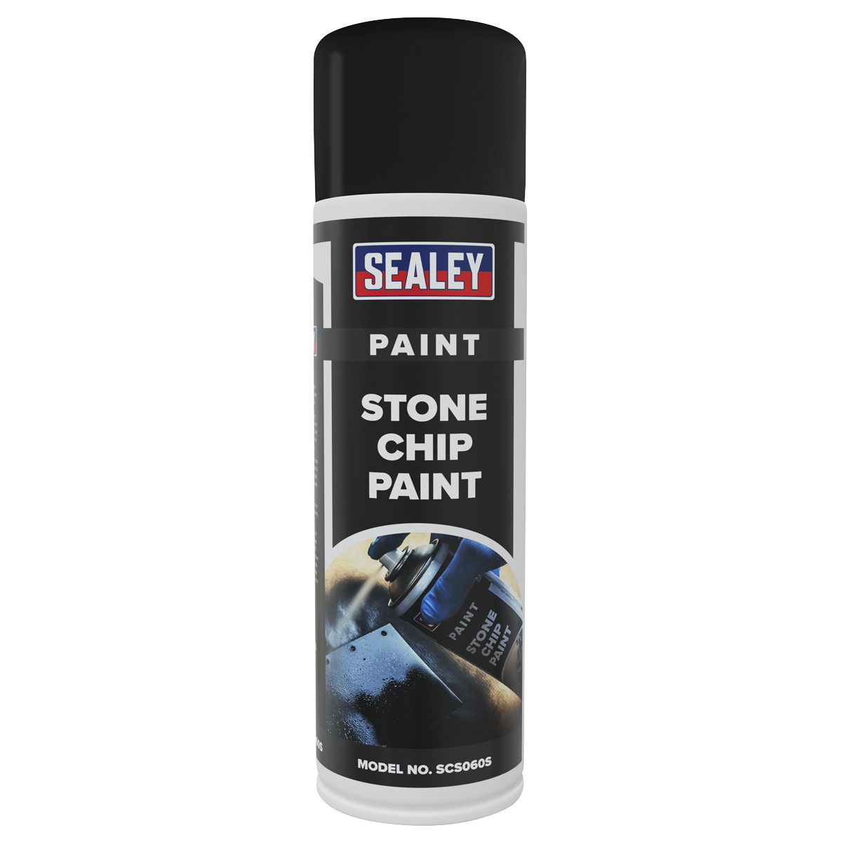 A can of Sealey Stone Chip Paint 500ml with a black cap, labeled "Stone Chip Paint 500ml - SCS060S." Known for its excellent coverage and adhesion qualities, the model number is SCS060S.