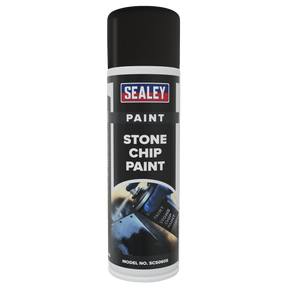 A can of Sealey Stone Chip Paint 500ml with a black cap, labeled "Stone Chip Paint 500ml - SCS060S." Known for its excellent coverage and adhesion qualities, the model number is SCS060S.