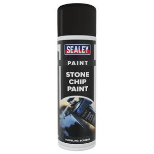 A can of Sealey Stone Chip Paint 500ml with a black cap, labeled "Stone Chip Paint 500ml - SCS060S." Known for its excellent coverage and adhesion qualities, the model number is SCS060S.