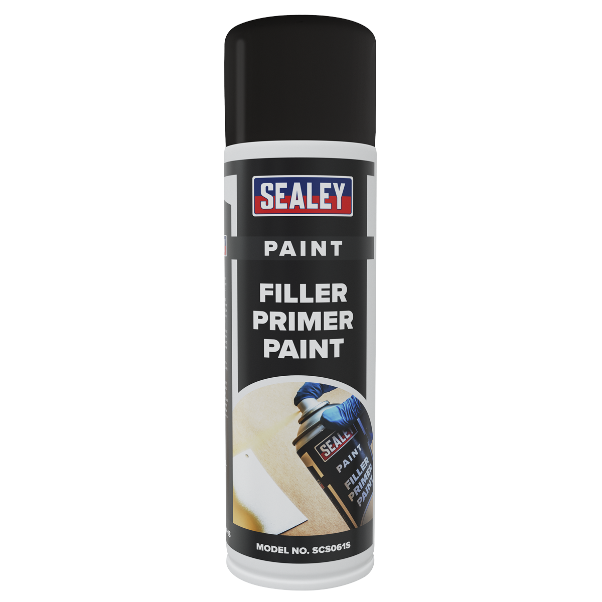 A can of Sealey Filler Primer Paint 500ml - Pack of 6 - SCS061, featuring a black cap and a label displaying product details along with an image of a person applying the paint. The label emphasizes excellent coverage and adhesion, with the model number SCS061 prominently shown at the bottom.