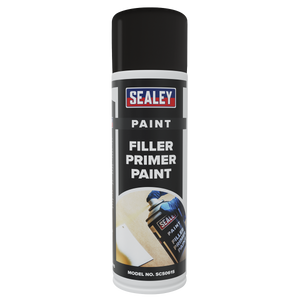 A can of Sealey Filler Primer Paint 500ml - Pack of 6 - SCS061, featuring a black cap and a label displaying product details along with an image of a person applying the paint. The label emphasizes excellent coverage and adhesion, with the model number SCS061 prominently shown at the bottom.