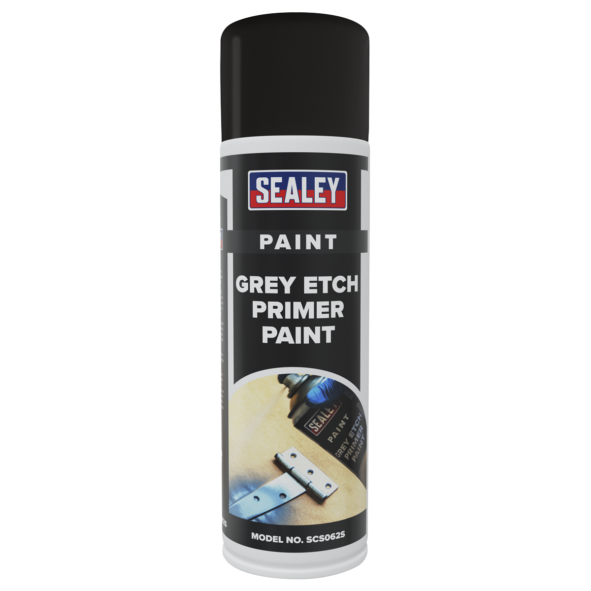 A pack of six 500ml cans of Sealey Grey Etch Primer Paint, product model number SCS062, offering maximum adhesion and excellent covering power.