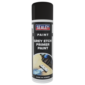 A pack of six 500ml cans of Sealey Grey Etch Primer Paint, product model number SCS062, offering maximum adhesion and excellent covering power.