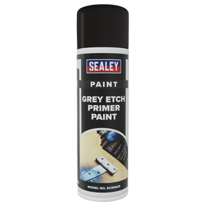 A pack of six 500ml cans of Sealey Grey Etch Primer Paint, product model number SCS062, offering maximum adhesion and excellent covering power.