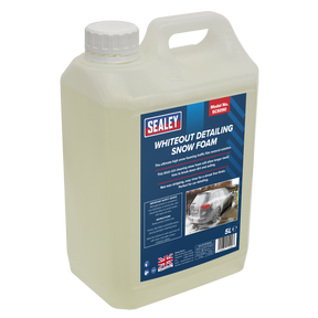 A 5-liter container of Sealey's Whiteout Detailing Snow Foam (SCS090) for vehicle cleaning, featuring red, white, and blue labeling with usage instructions and branding information. Ideal for car detailing, it delivers high snow foam for effective traffic film removal.