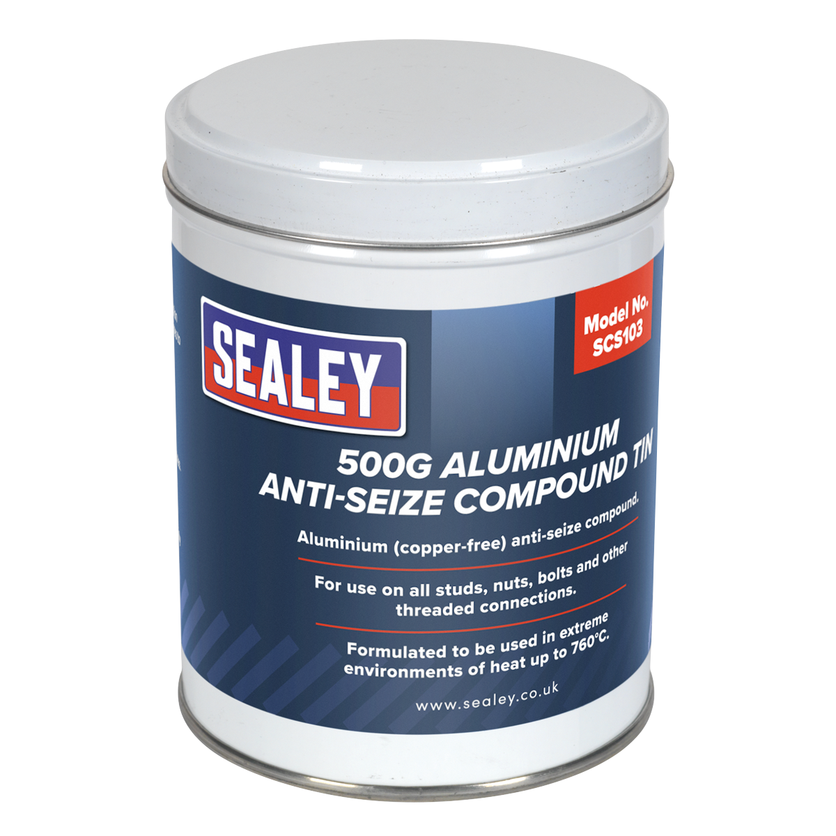 Sealey Aluminium Anti-Seize Compound 500g Tin, Model No. SCS103. This copper-free anti-seize is used to prevent seizure on studs, nuts, bolts, and other threaded connections in extreme environments up to 760°C.